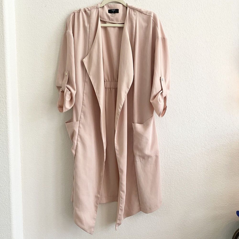 T Tahari Open Front Roll Tab Sleeve Duster Rose Pink SZ S Cardigan Womens